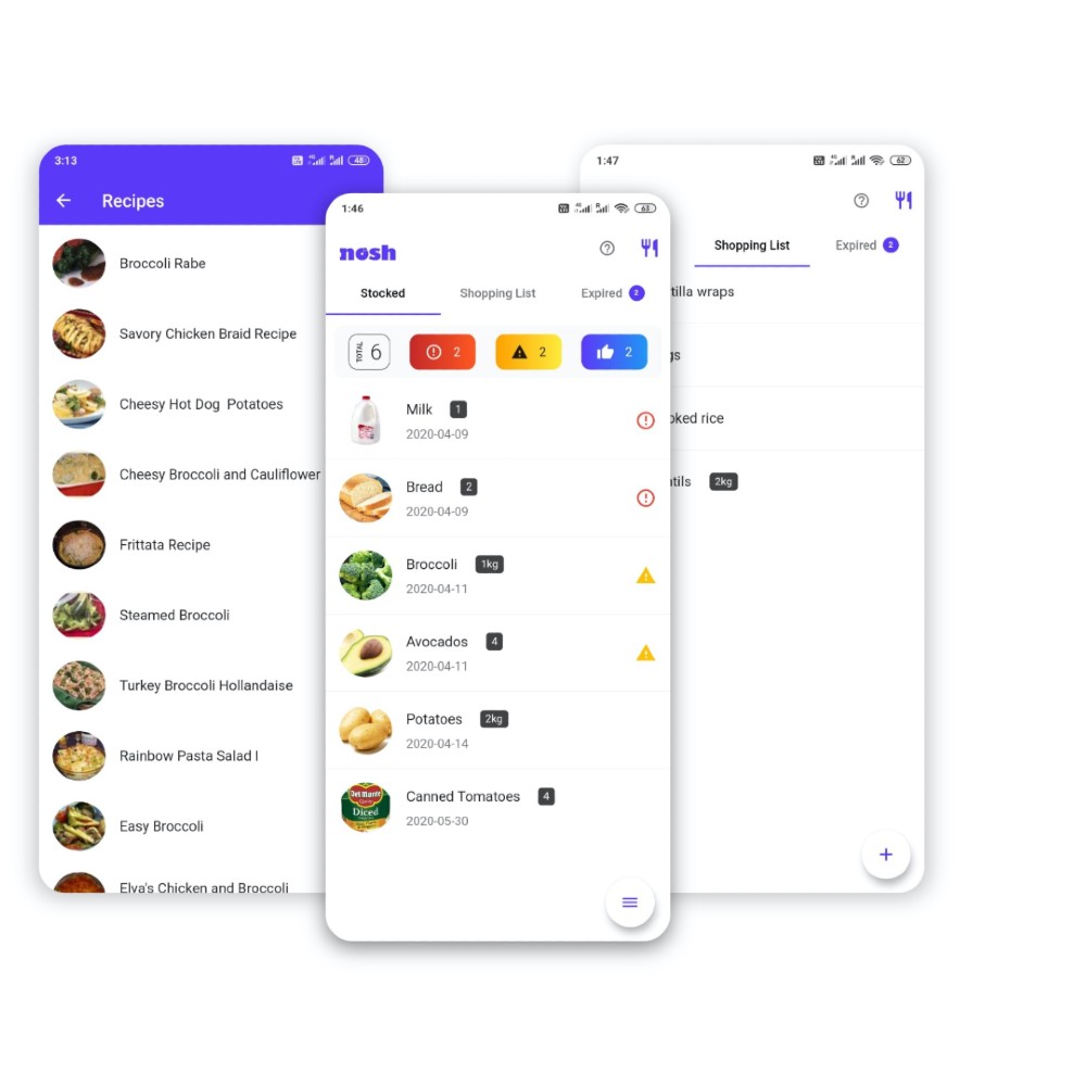 screenshots from Nosh food app