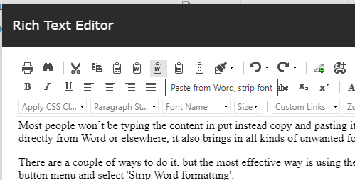 Sitecore text editor box showing the location of the paste from Word button