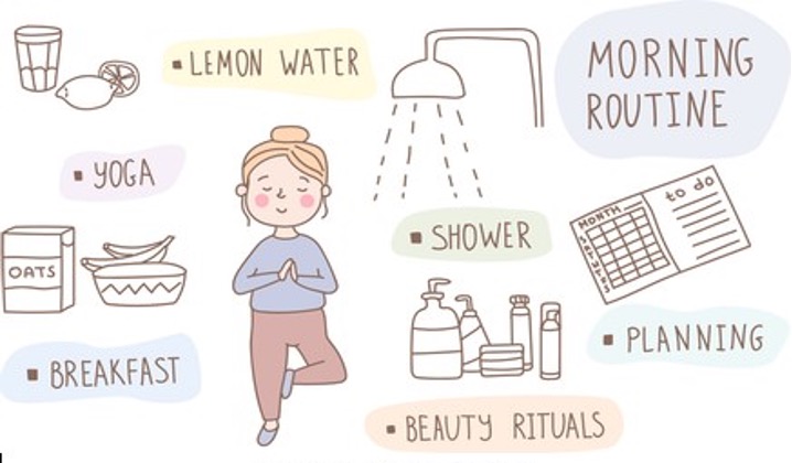 Cartoon Girl surrounded by routine chores with icons and names for each of the tasks. There is one for lemon water, one for moning routine, one for shower, one for planning, one for beauty rituals, one for yoga, and one for breakfast