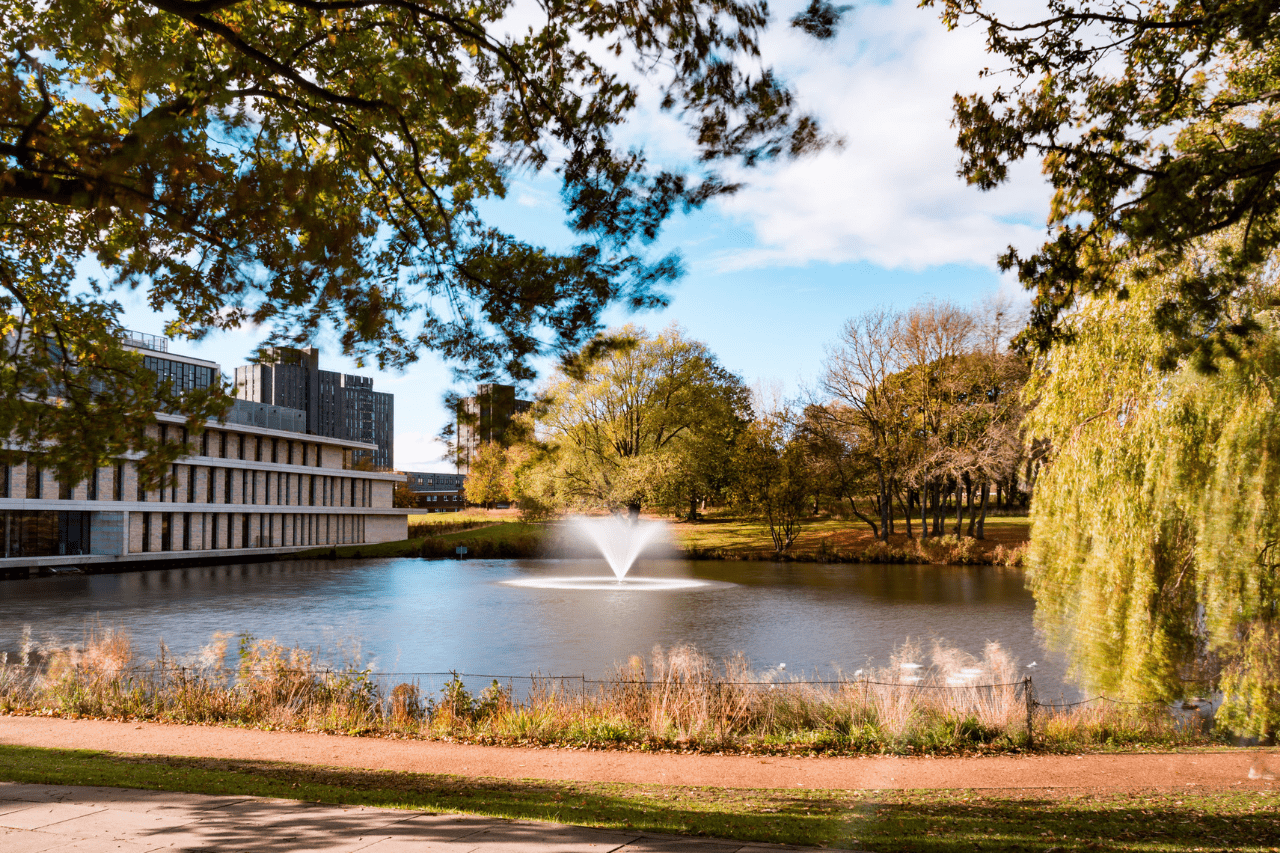 A lake with a fountain surrounded by trees