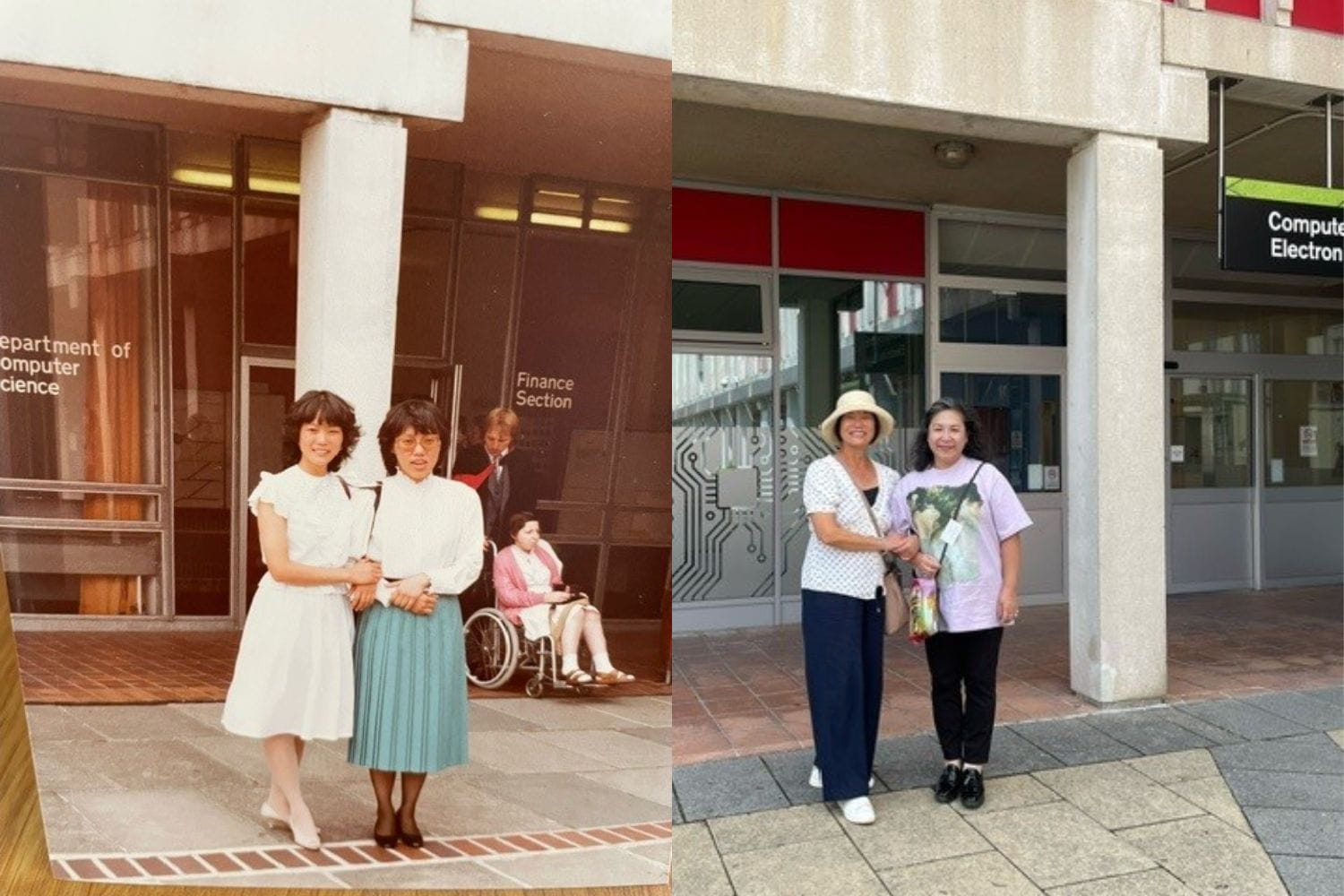 Left, two women pose close together outside the Computer Science building, their arms linked together. On the right, the women pose in the same position 40 years later.