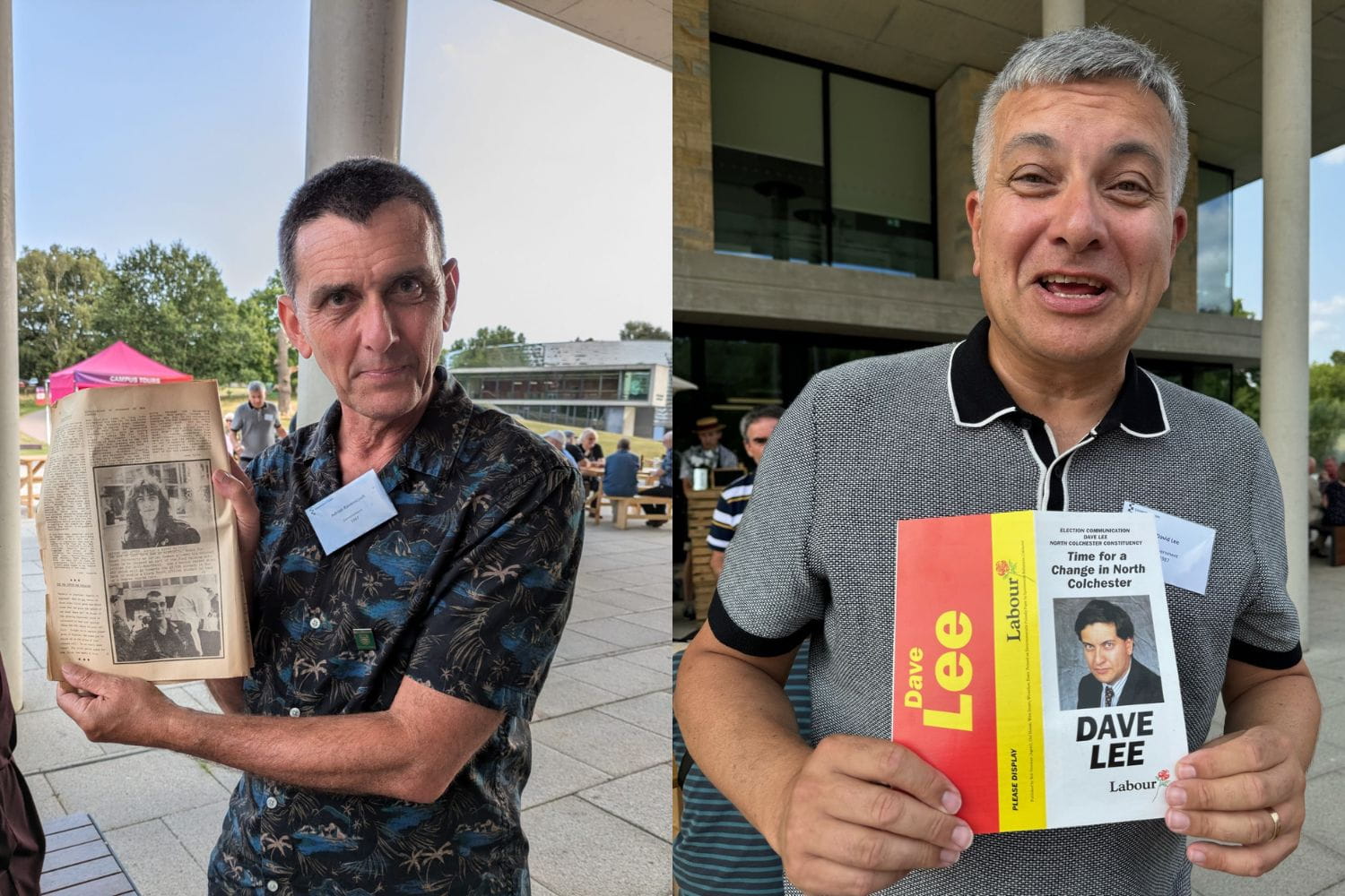 Left, a man poses with a photo of himself in an old newspaper. Right, a man poses with an old promotional leaflet campaigning to be Labour leader for Colchester.