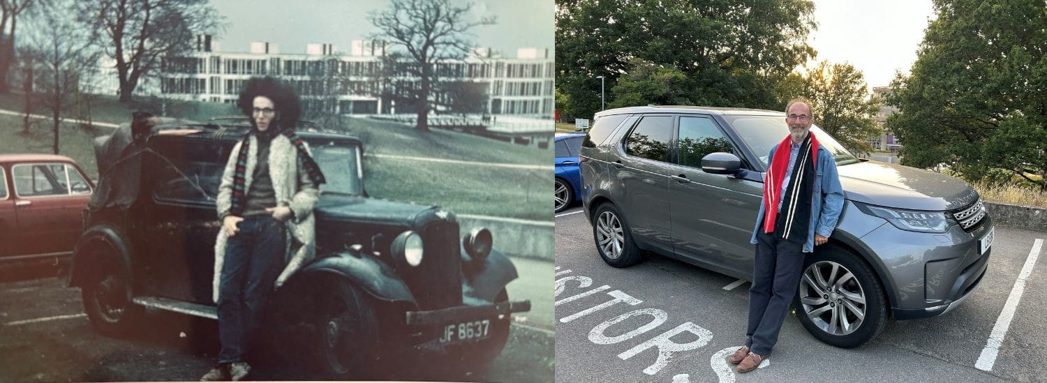 Left, an old photo showing a man leaning against a car, large hair and a long coat and scarf. The campus behind him. Right, a recent photo of the same man wearing a similar scarf, leant against his current car in the same position with campus behind him.