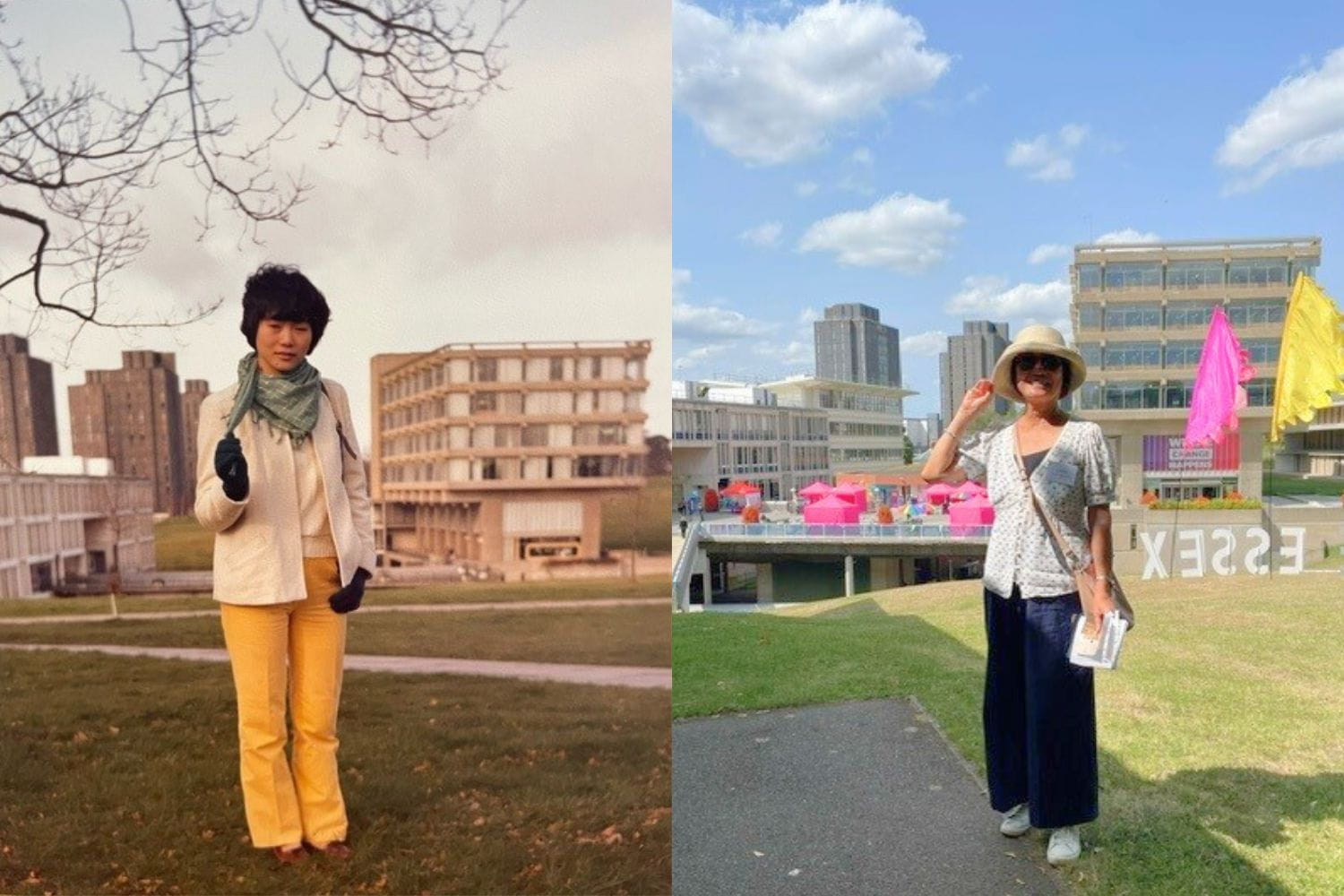 Left,a photo from 1984 with a woman standing at the top of the hill on campus, the library and North Towers seen behind her. Right, the same woman standing in the same position 40 years later. 