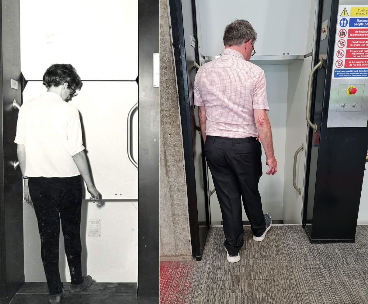 Left, a man from behind stepping onto the Paternoster lift in black and white from the late 1970s. Right, the same man stepping onto the Paternoster lift in 2024, health and safety signs seen on the right hand side. 