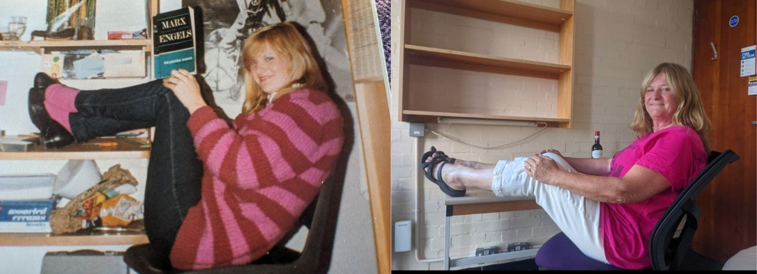 Left, a woman in her student room wearing a pink stripey top sat on a chair, her legs leaning on the desk in front taken in 1984. Right, the same woman wearing a pink shirt poses in the same position in 2024.