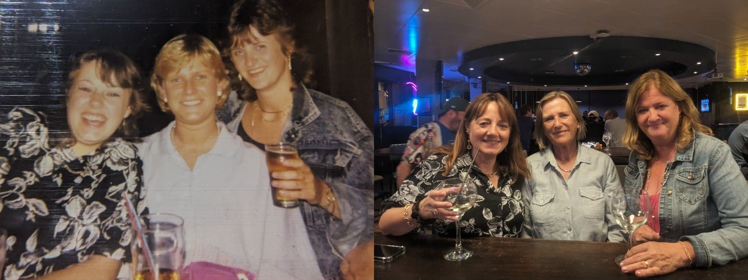 Left, three women pose in the bar in 1987 holding their drinks. Right, the same three women in 2024 pose in the bar holding their drinks, wearing similar clothing to the old photo.