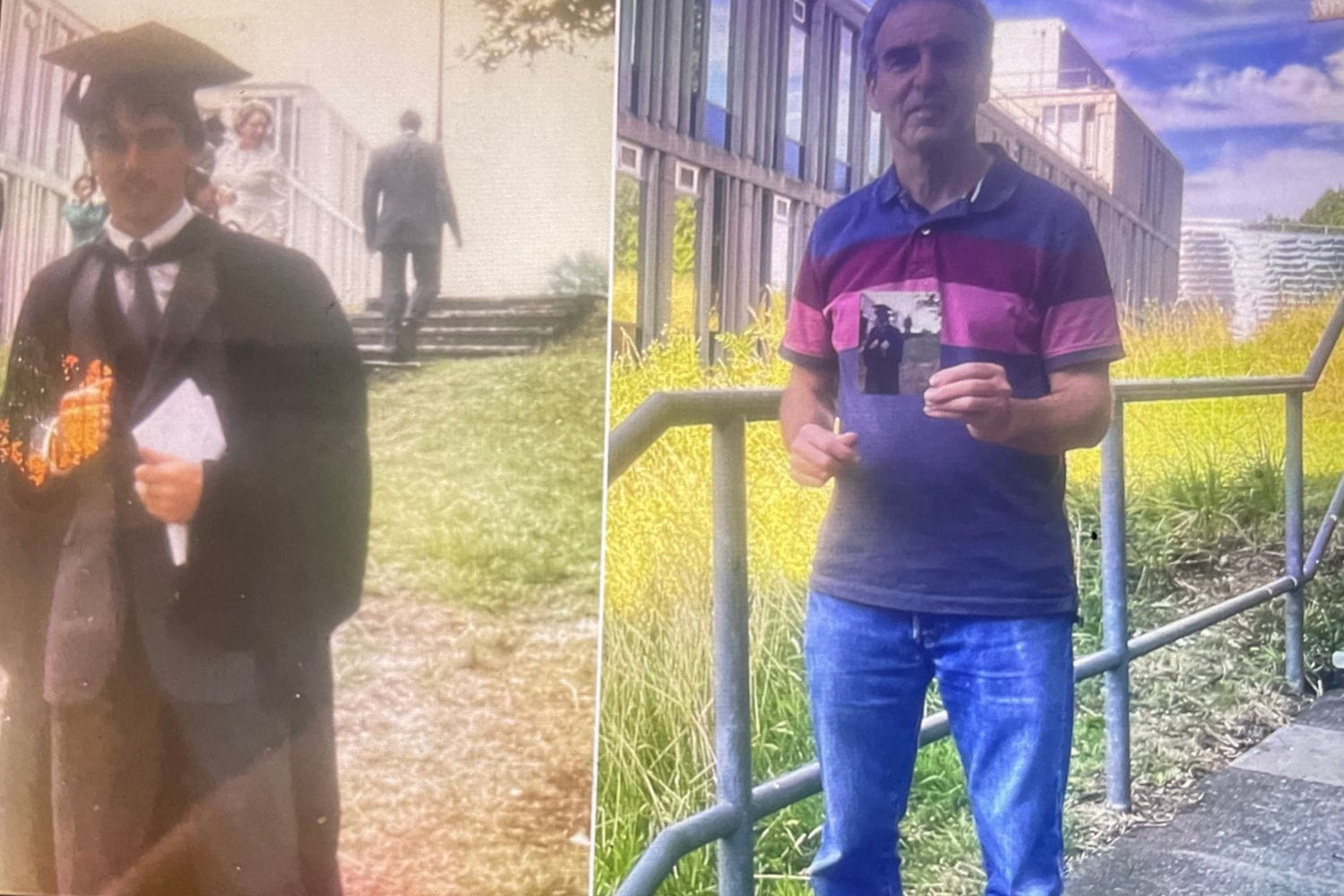 Left, a graduate on his graduation day in 1984 wearing robes and a mortar board. Right, the same man 40 years later holding the photo in the same location on campus.