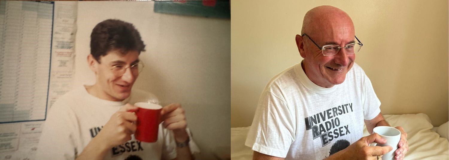 Left, a man wearing a University Radio Essex white t shirt drinks from a red mug in the 1980s. Right, the same man wears the original t shirt and sip from a mug recreating the original image.