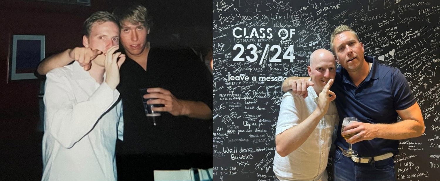 Left, two men pose in the SU bar holding a drink in the early 2000s. 20 years later, they recreate this photo standing in the SU bar in front of a message board for the Class of 2023/24,