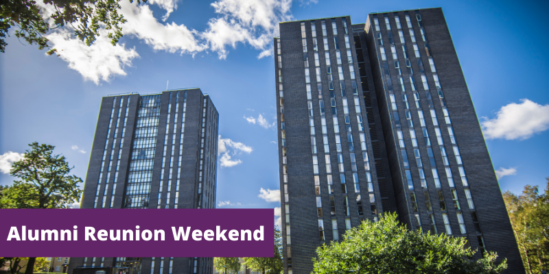 Two of our iconic Towers on a sunny blue day with white text over the top 'Alumni Reunion Weekend'