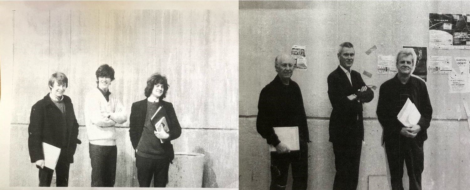 Left, three men in 1969 pose in front of a concrete building. In 2008, the men recreate this photo in the same position. Both photos are in black and white.