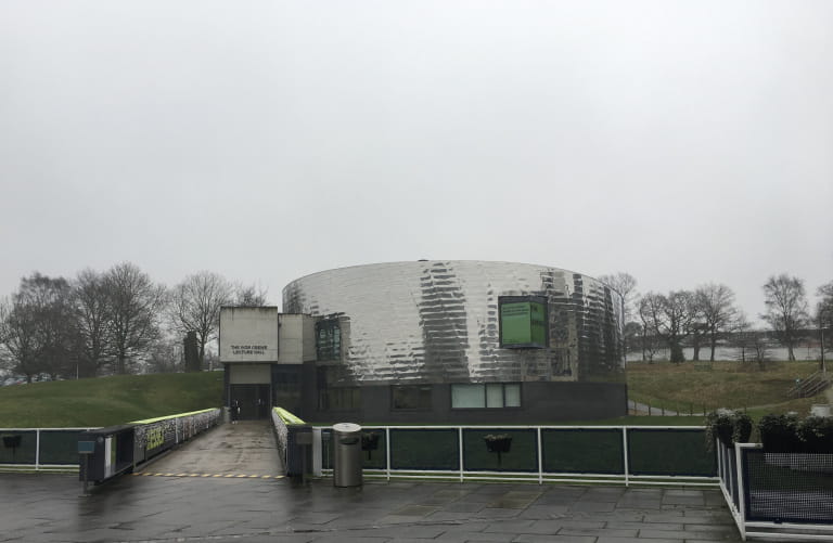 Ivor Crewe building in the rain