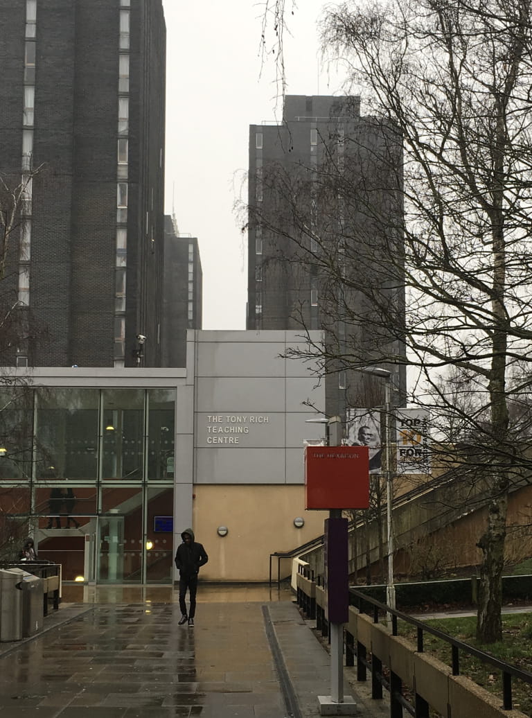 Tony Rich teaching centre with North Towers in the background on a rainy day