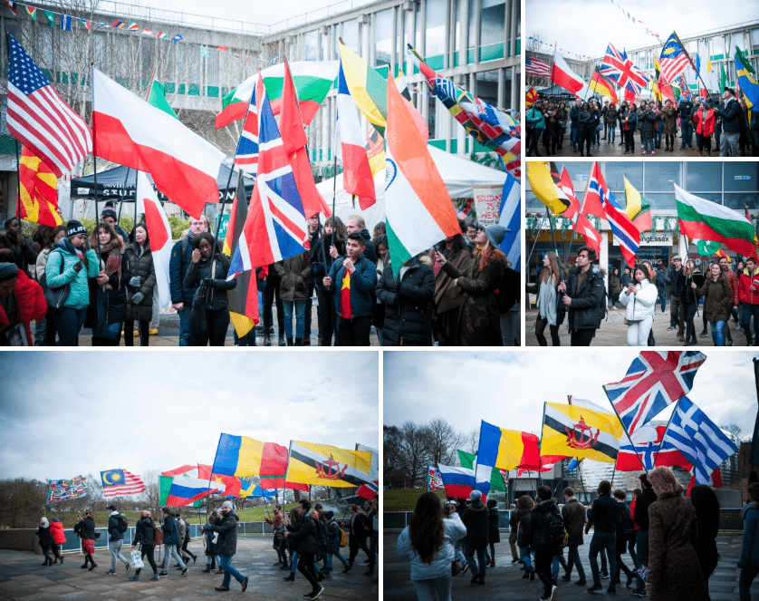 Collage of images showing the parade of flags