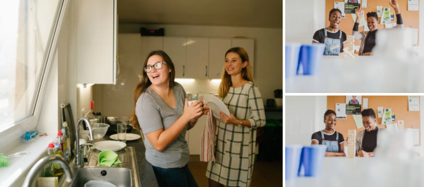 Collage of images showing flat mates socialising in accommodation