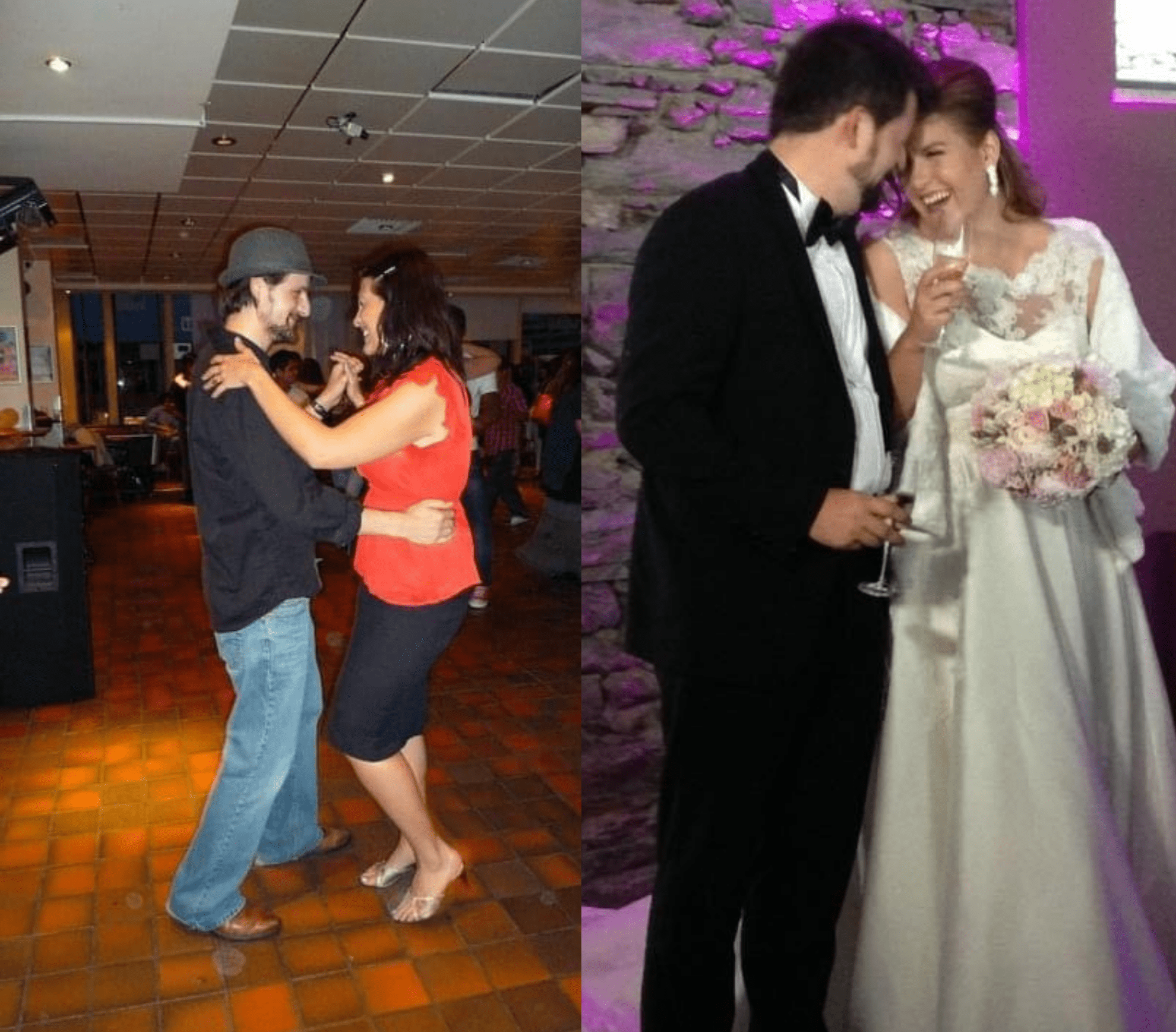 On the right, Iolanda and James dancing kizomba at Essex. On the right, Iolanda and James on their wedding day.