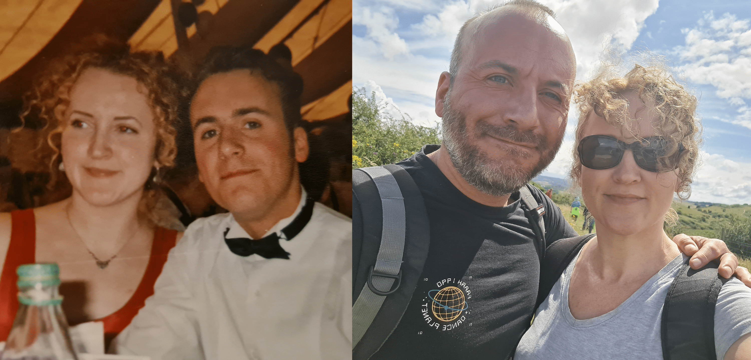 On the right, Clare and Simon dressed up for a ball. On the right, a more recent photo of them both, in the outdoors, Clare wearing sunglasses.