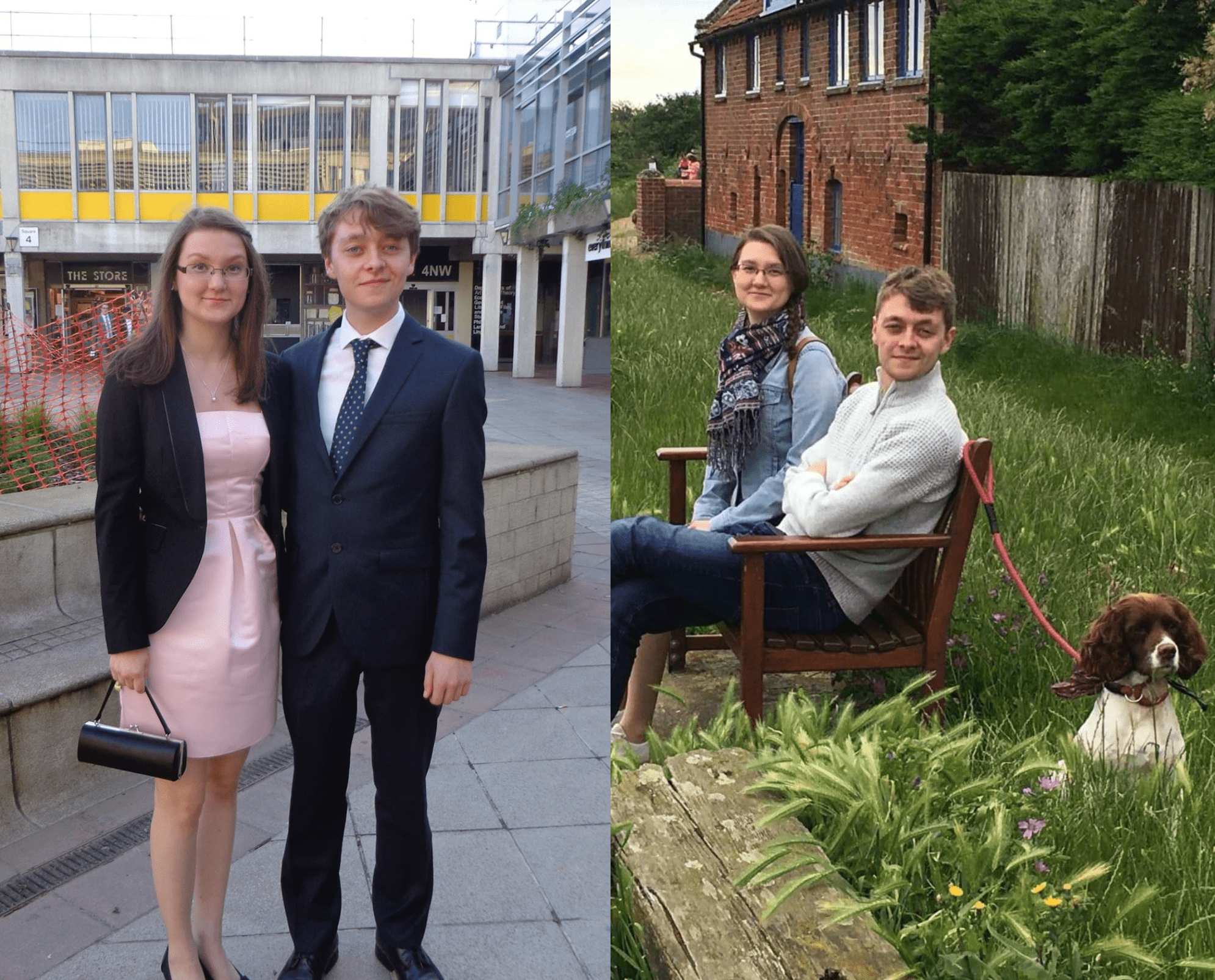 On the right, Roxana and Matthew together on Square 4. On the left, a recent photo of them and their dog.