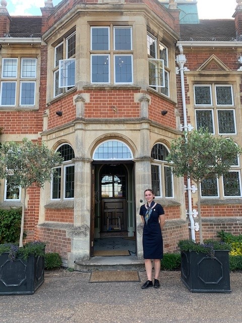 Lucy standing at the entrance to Baddow Park House