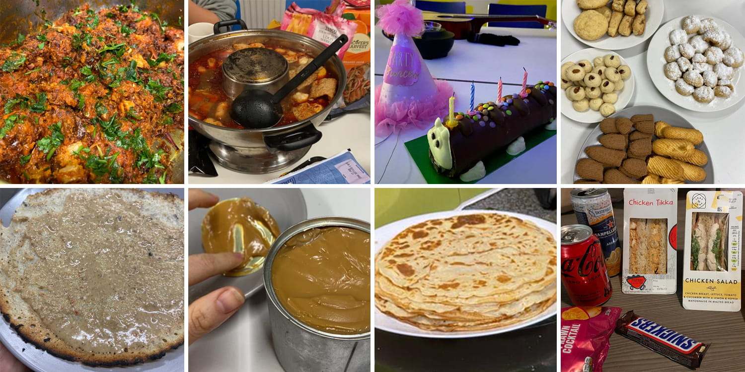 A montage showing curries, hot pots, biscuits, pancakes, and snacks from across the world.