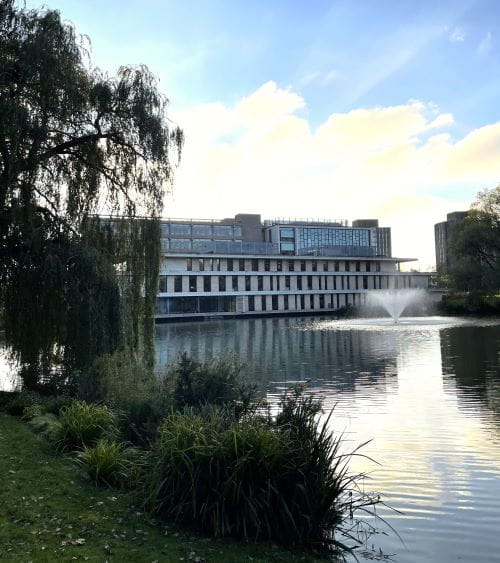 View across to lake towards Silberrad Student Centre