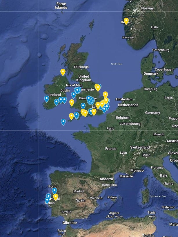 A map of the UK and Europe, with drops in blue and yellow, showing where people are catching or monitoring bass.