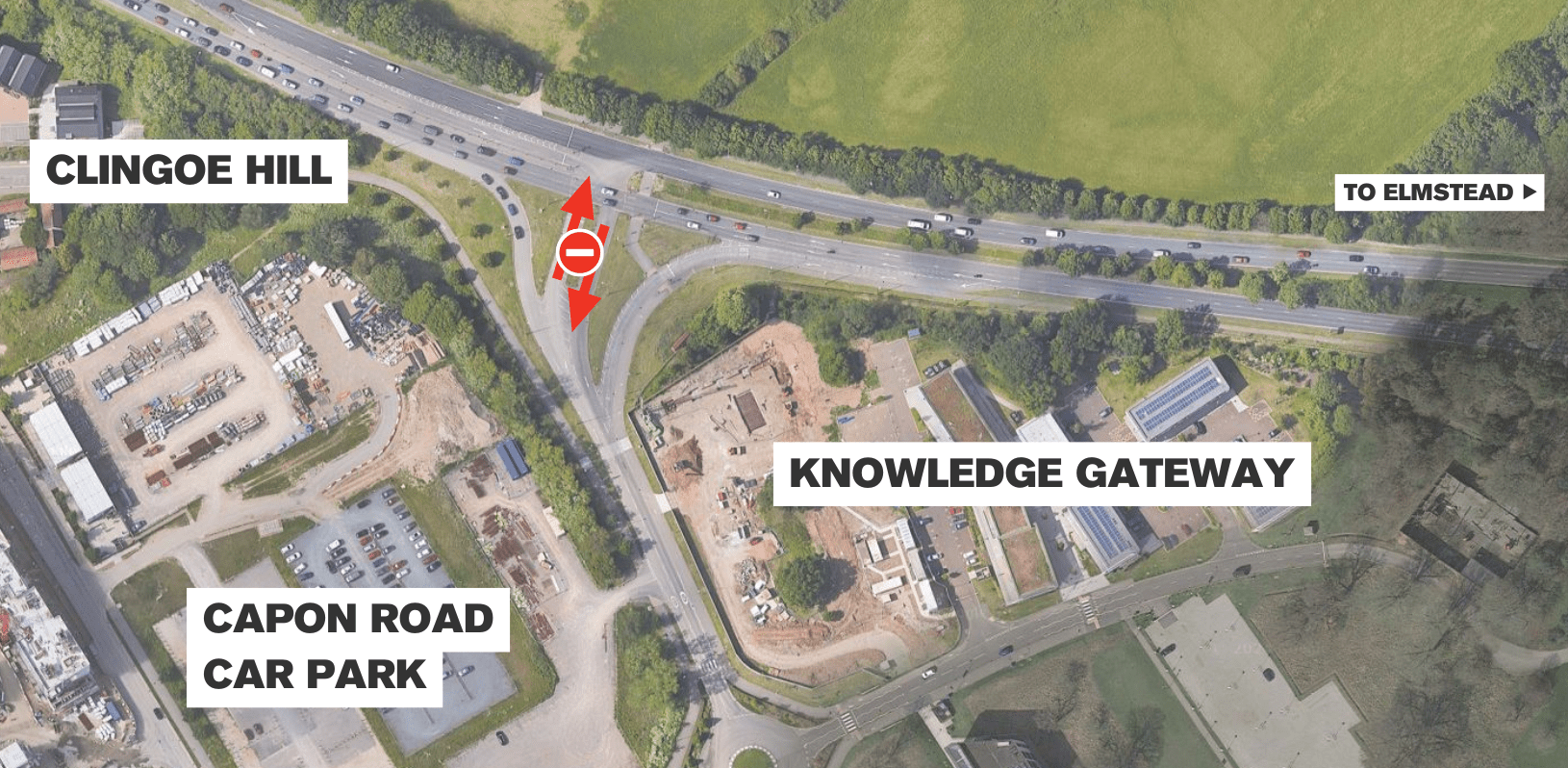 An aerial map showing the roads leading into our Colchester Campus from the north. The right turn out of campus towards Elmstead Market and the right into campus from Colchester are closed. (Imagery ©2024 Maxar Technologies, Map data ©2024 Google)