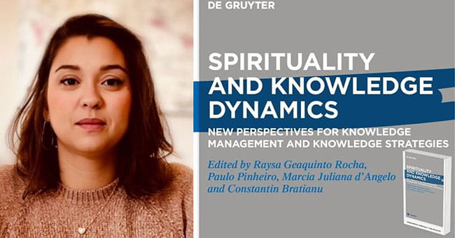 A self-portrait of Dr Raysa Rocha next to the title page of their new Open Access volume: 'Spirituality and Knowledge Dynamics: New Perspectives for Knowledge Management and Knowledge Strategies'.