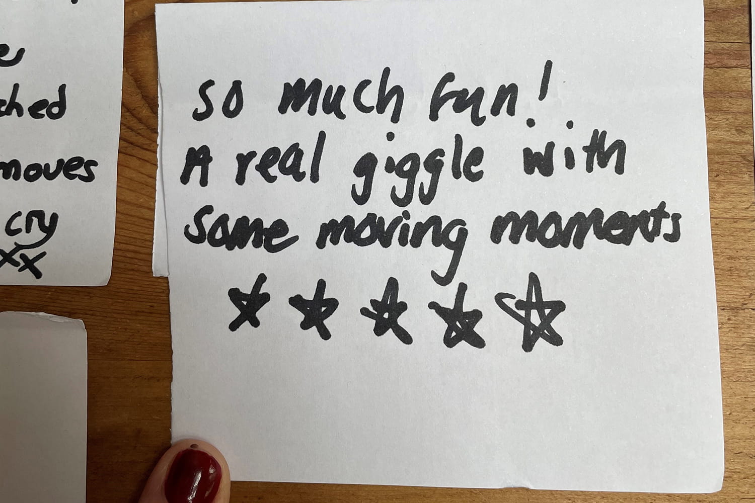 A handwritten feedback card for Nasty: "So much fun! a real giggle with some moving moments *****"
