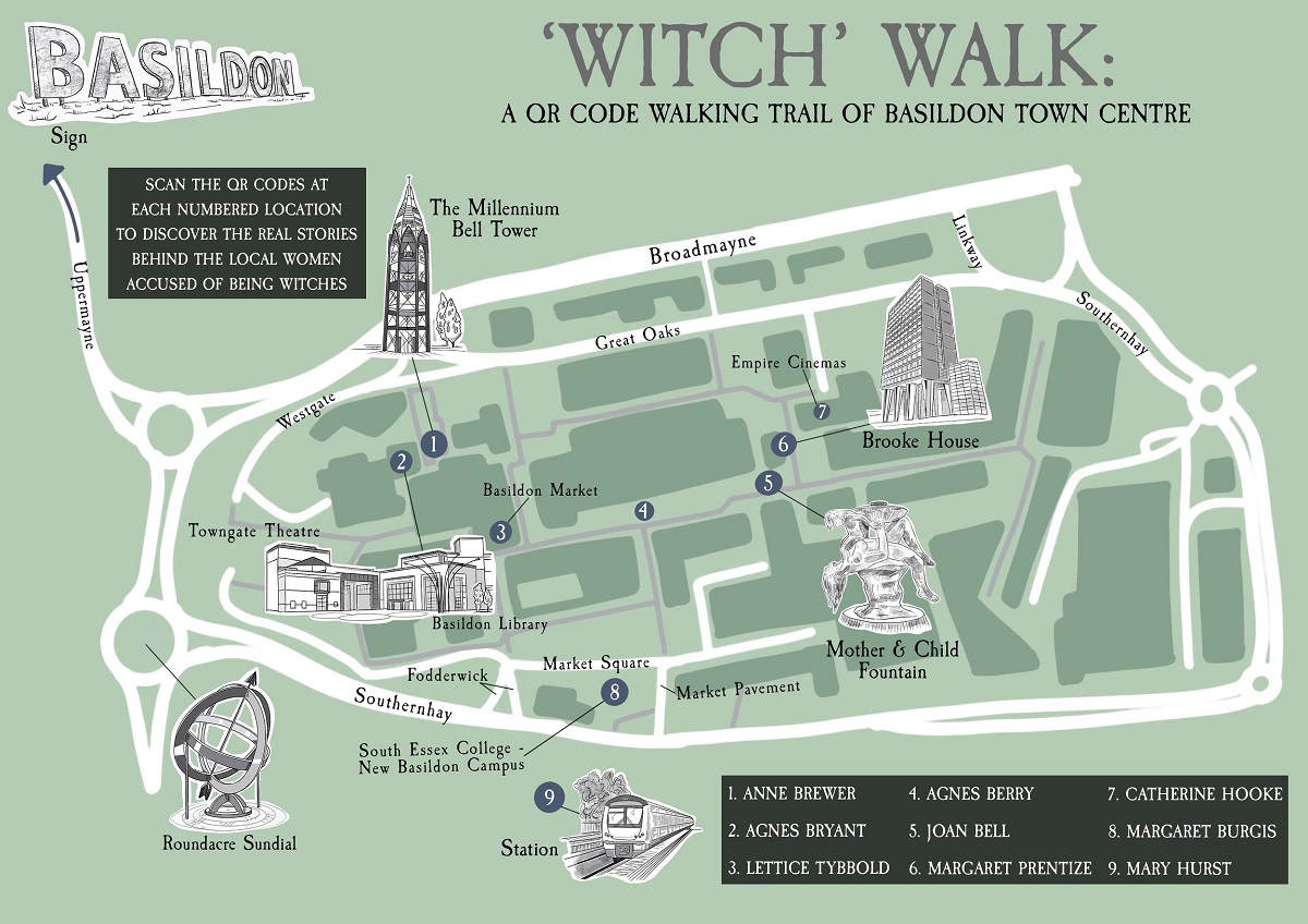 A green map of the "Witch Walk" around Basildon town centre, with a key on the bottom right.)