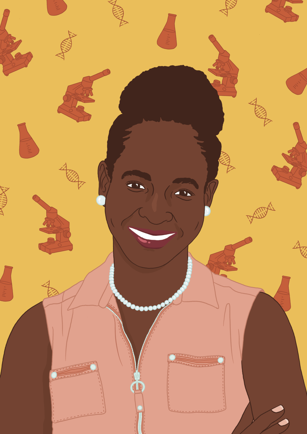 Digital drawing of Hephzi Tagoe, with a yellow background with a pattern of red microscopes, beakers, and the DNA helix.