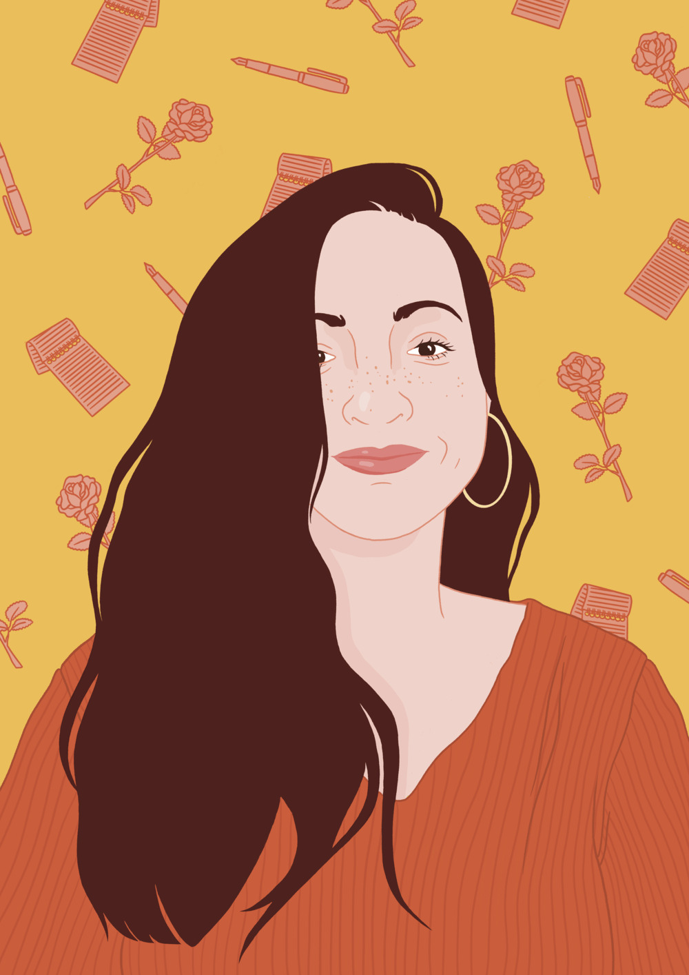 A digital drawing of Lisa Selby with a yellow background and a pattern of pink roses, notepads and pens.