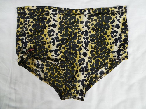 A pair of men's swimming trunks in leopard print.