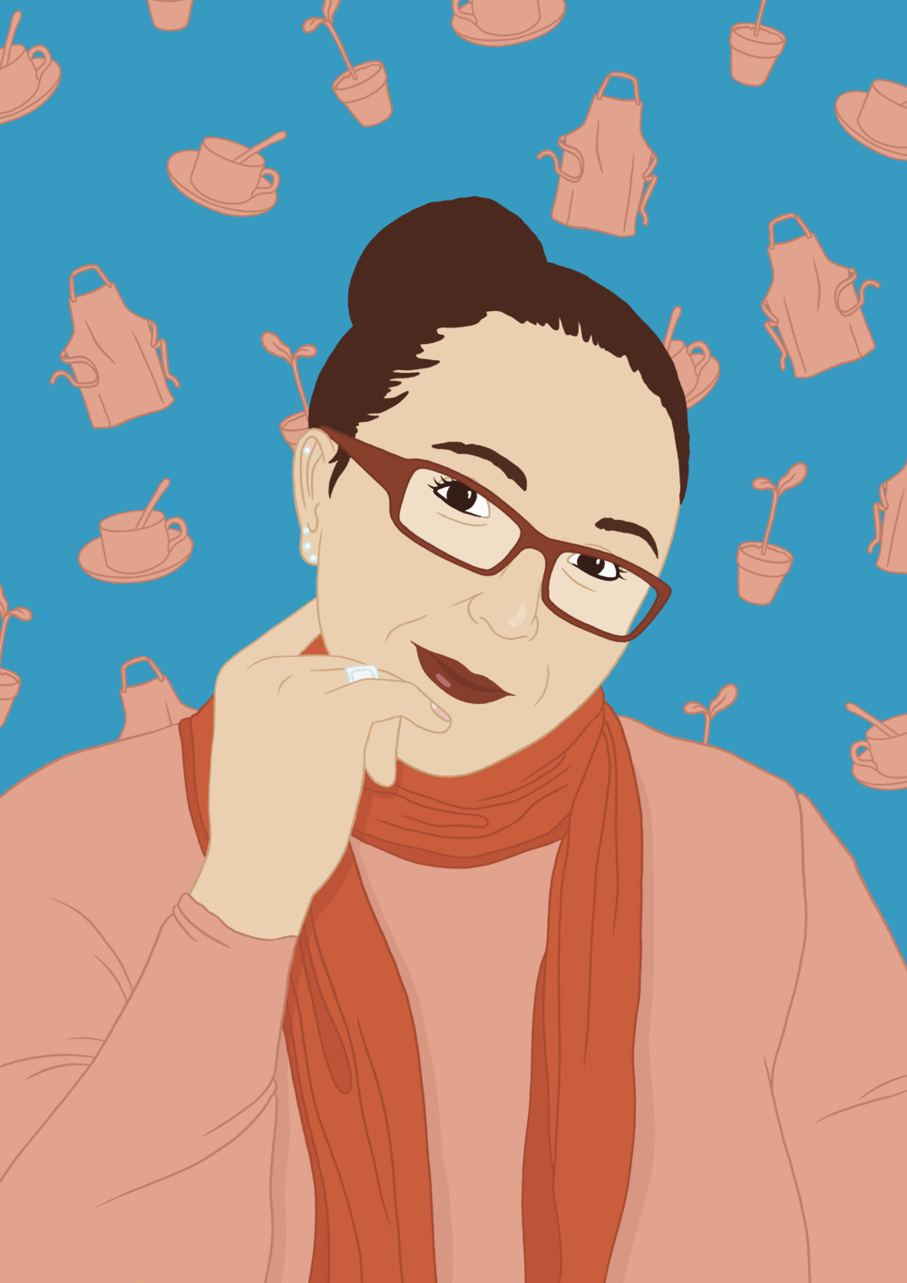 A digital drawing of Pepi Sanchez on a blue background with a pattern of aprons, plants, and teacups.