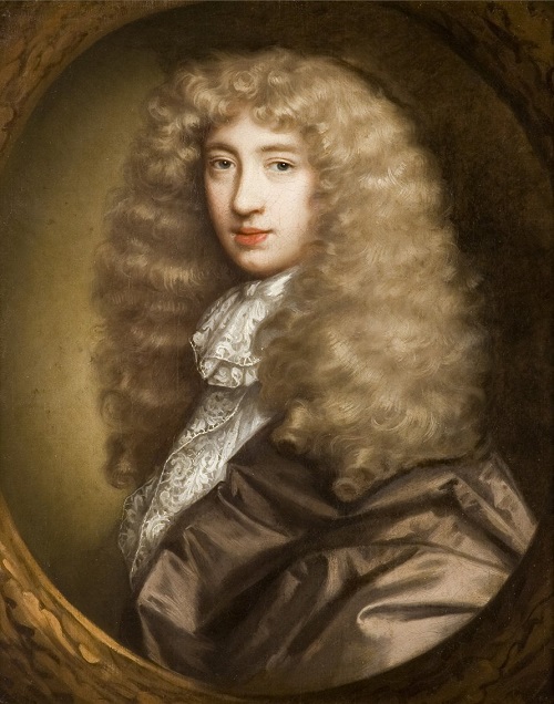 A painted portrait of an unknown man, dressed in white lace and brown silk clothing, with very long, curly blonde hair.