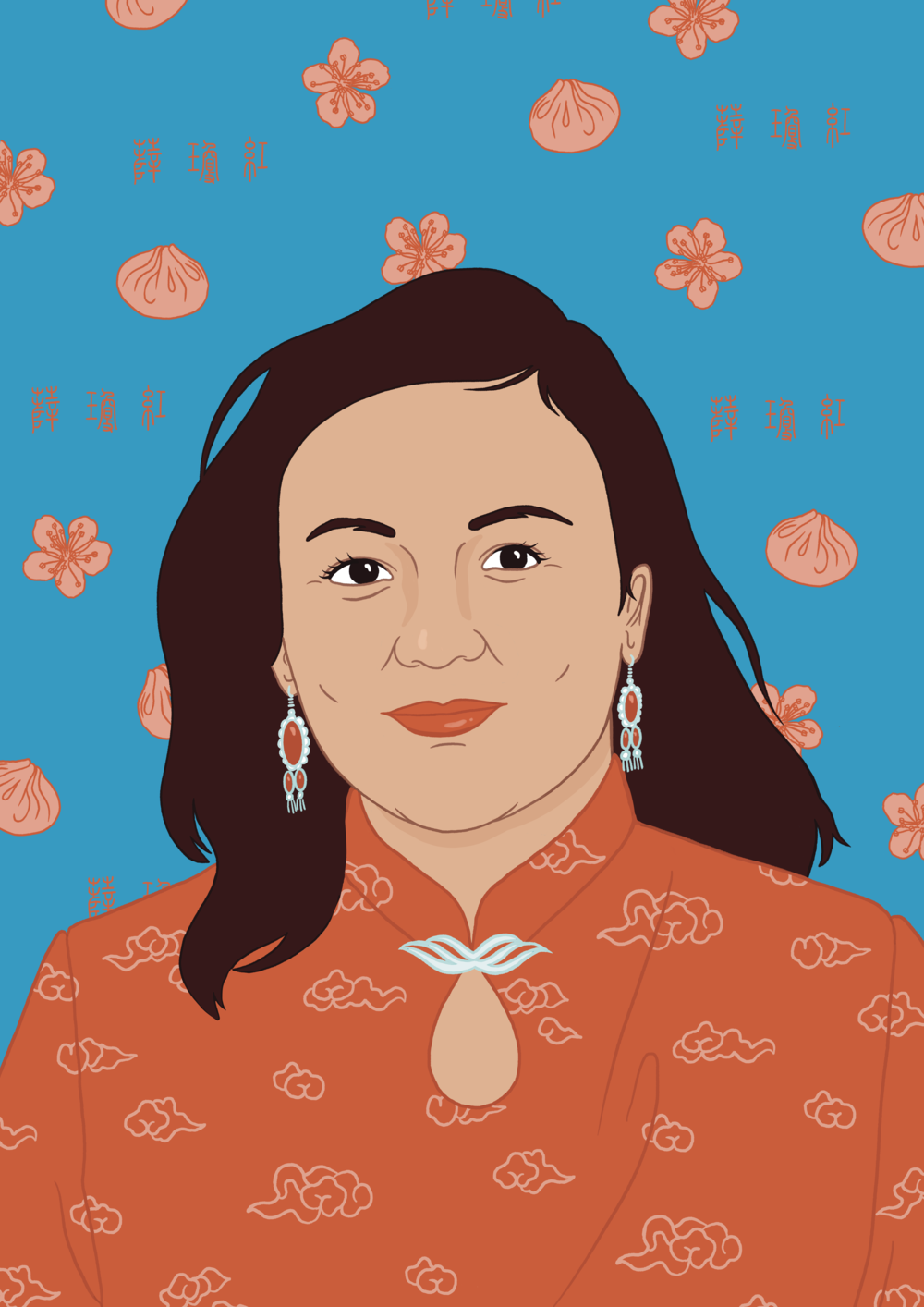 A digital drawing of Simone Xue on a blue background with a pattern of dumplings, flowers, and chinese characters.