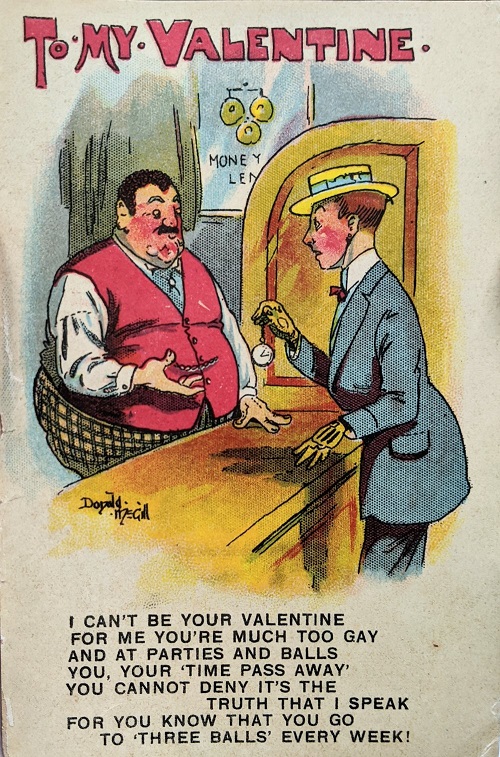 A vintage Valentines postcard with a fat man and a thinner man, and a poem underneath.