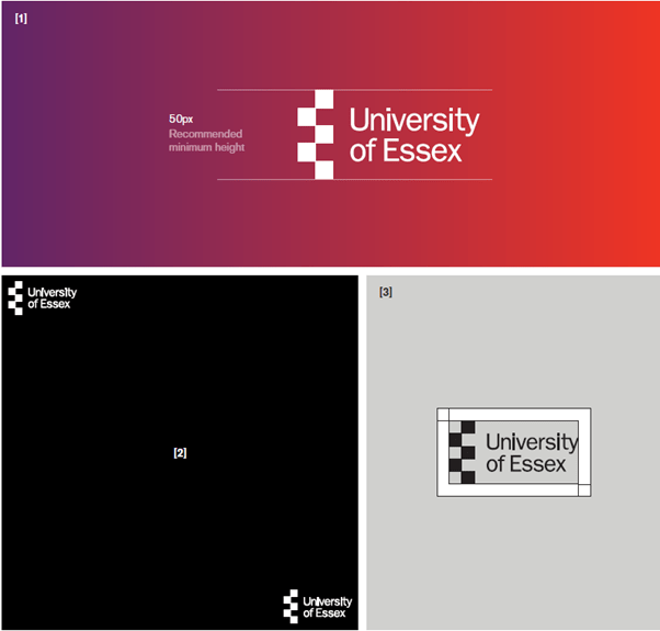 3 images showing  the different sizes and positions of the University of Essex logo as set out in our brand guidelines.