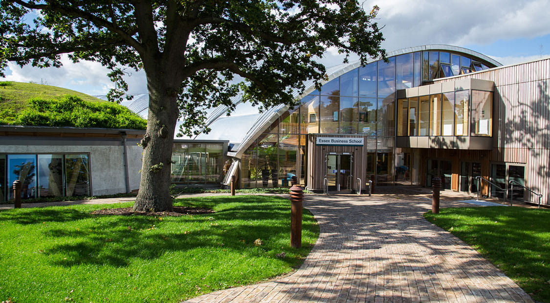 The outside of Essex Business School on a sunny day.