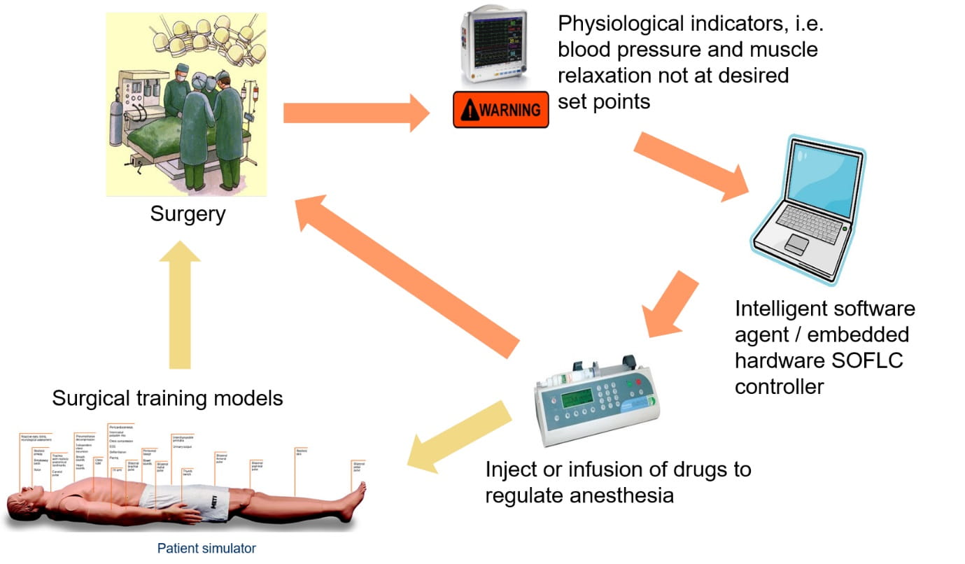 Diagram showing the process of automatic monitoring and drug delivery for surgery and training.