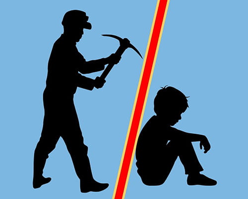 Two silhouette figures on a blue background. The first figure, a grown adult with a miner's hat and pickaxe, is swinging a pickaxe towards the second figure, a child sat on the ground with their back towards the pickaxe. Between the two figures is a large, red forward slash. 