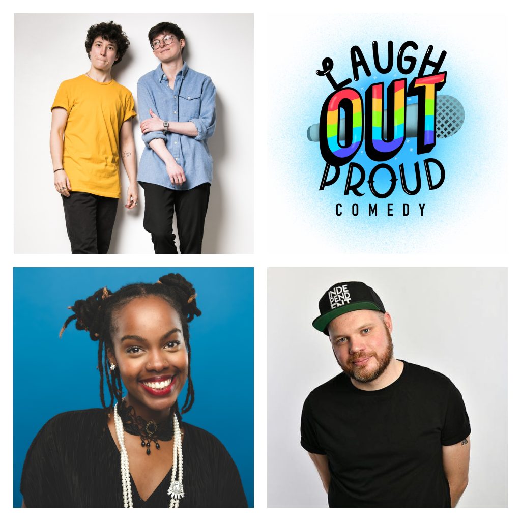 Laugh Out Proud comedy logo, alongside comedian self-portraits of Mark Cram, duo Shelf and Sharon Wanjohi.