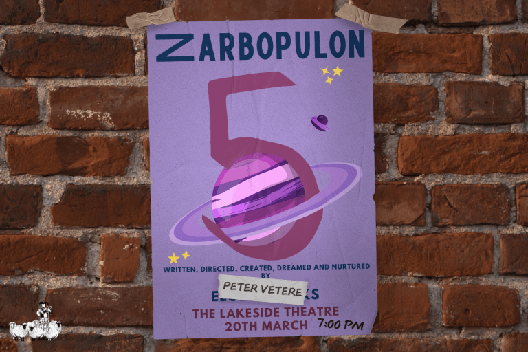 A purple poster taped to a brick wall. The poster says 'Zarbopulon 5' and is decorated with planets and stars.