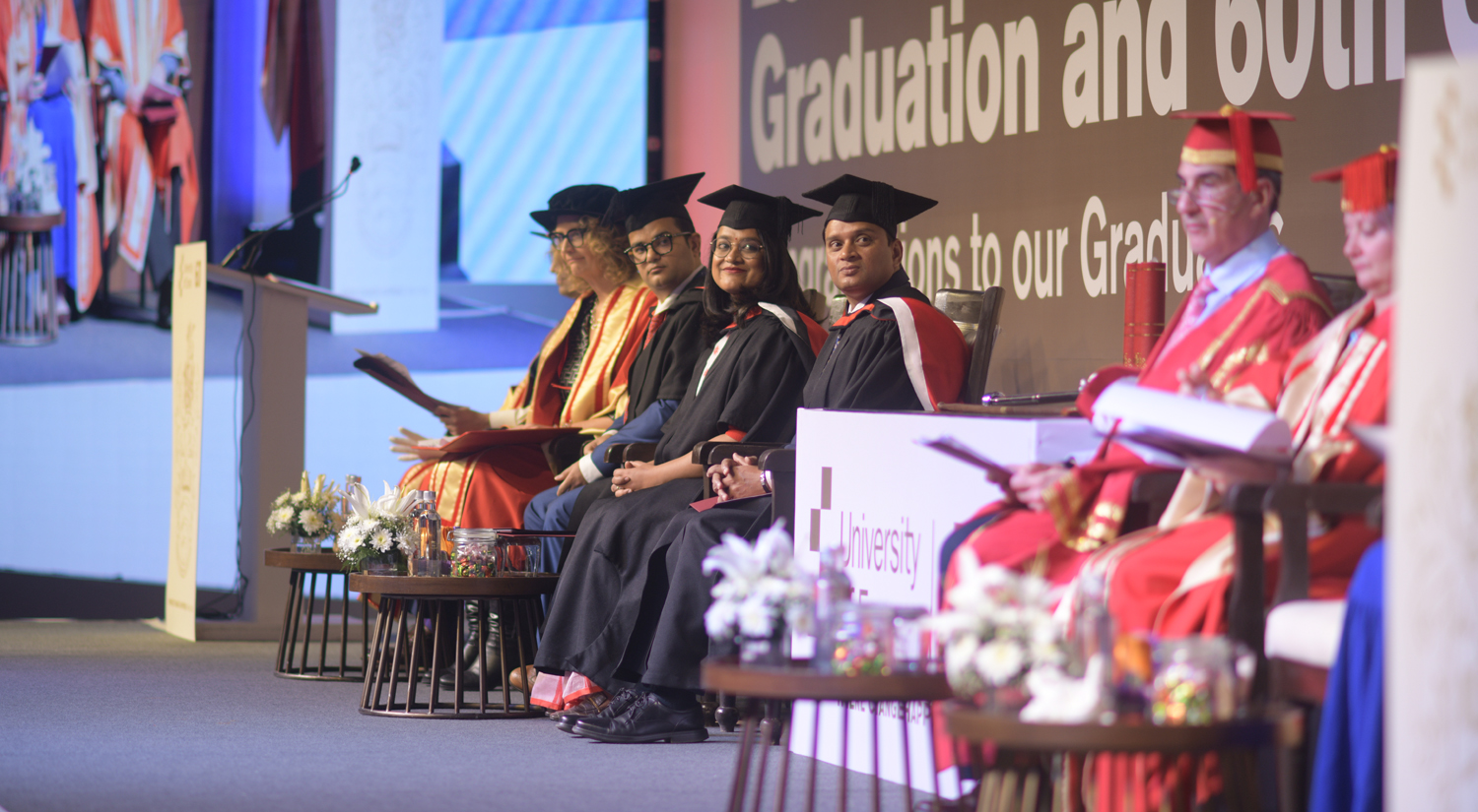 Vice-Chancellor Award winners Ankit Mehrotra, Sanchita Ain and Manish Michael during the India Graduation ceremony.