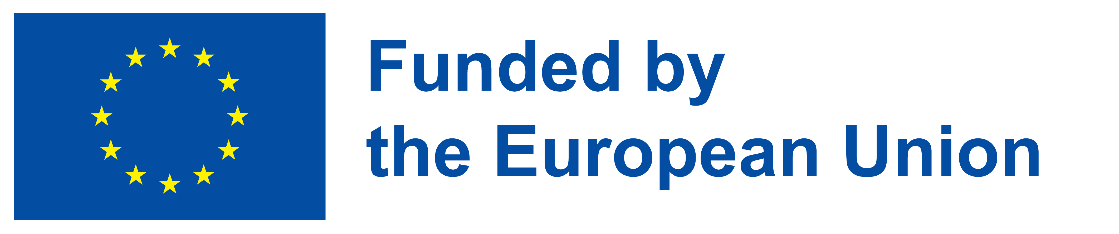 On the left, the EU flag of yellow stars on a field of blue. On the right the words "Funded by the European Union" in blue text on a white background.