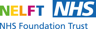 "NELFT" in multicoloured letters, the NHS logo of white letters on a blue background, and underneath is "NHS Foundation Trust" in blue text.